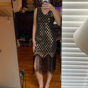 Black Gold Sequin Fringe New Years Flapper Dress
